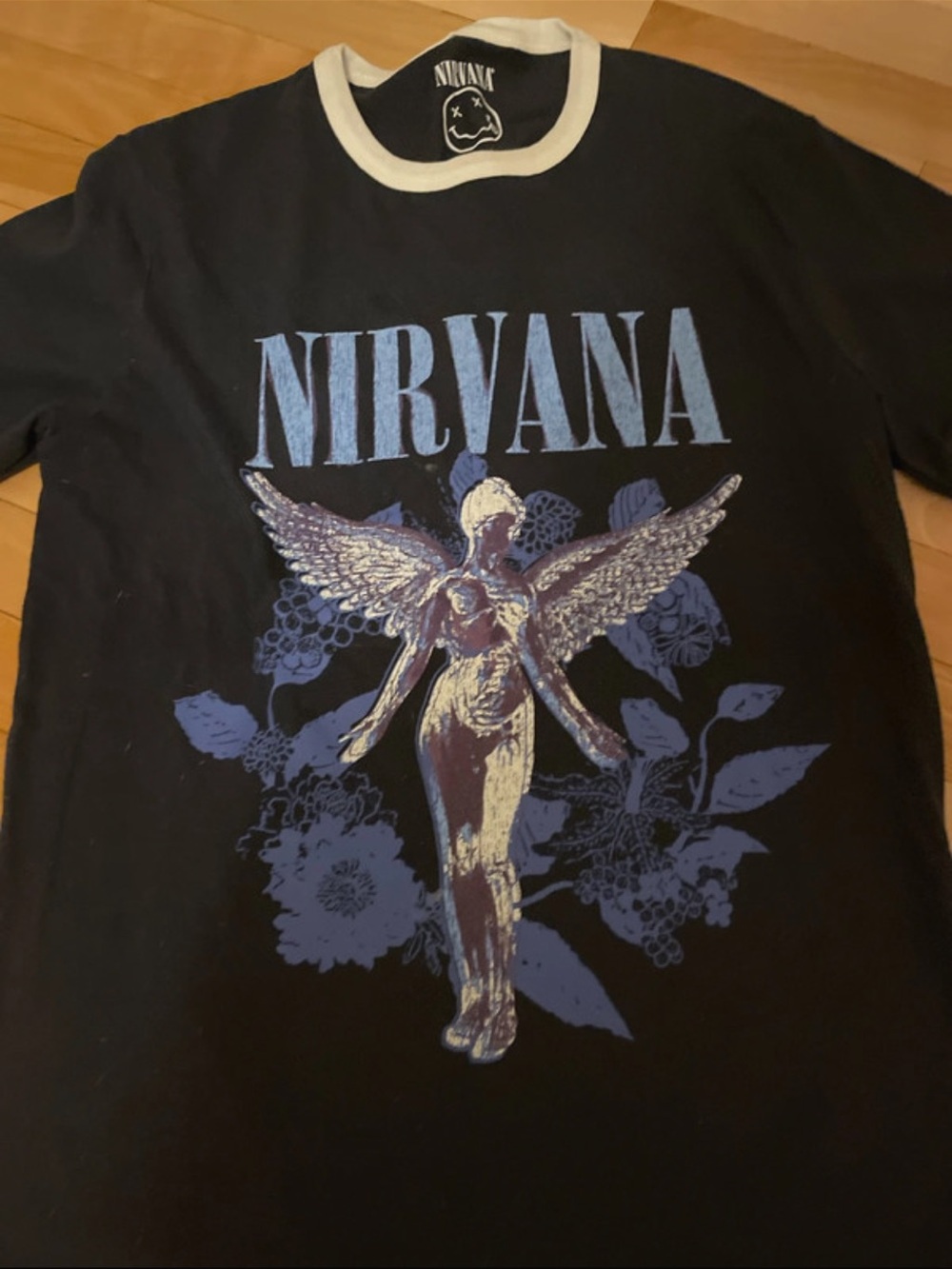 NIRVANA Black Ringer Tee with Blue Graphic